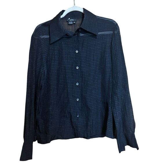 JON Top Womens 10 Black Stripe Silk Blend Button Up Long Sleeve Sheer Blouse - Picture 1 of 8